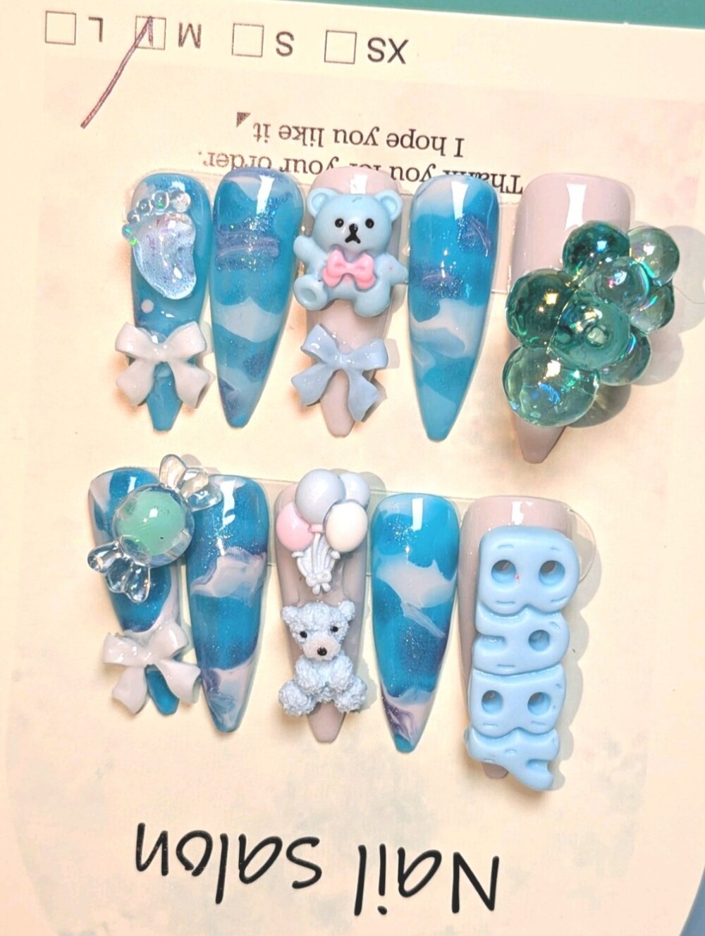 Hand Crafted Blue & Pastel Bear Balloon 3D Baby Shower Press-On Nails Sz medium